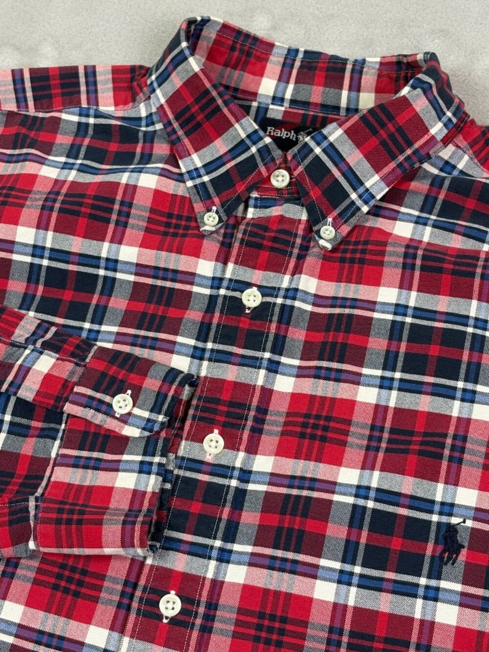 VTG Ralph Lauren Mens XLT Tall Button Down Shirt Red Blue Plaid Casual Preppy